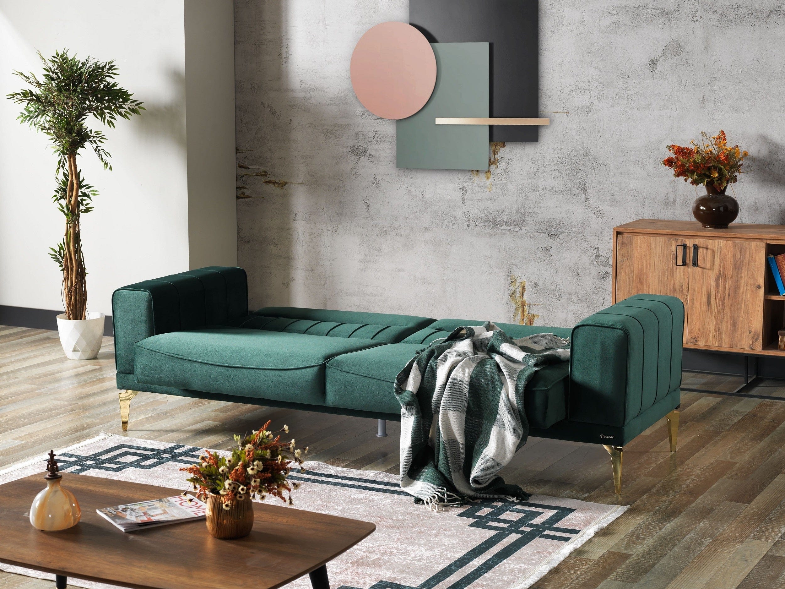 Serhat Canapea Nancy Velvet Verde Inchis Extensibila cu Spuma Poliuretanica, 3 Locuri, Suprafata de Dormit 190x105 cm, tapitata cu Stofa, Perne Incluse, l237xA88xH87 cm