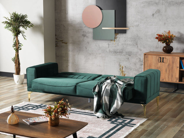 Serhat Canapea Nancy Velvet Verde Inchis Extensibila cu Spuma Poliuretanica, 3 Locuri, Suprafata de Dormit 190x105 cm, tapitata cu Stofa, Perne Incluse, l237xA88xH87 cm