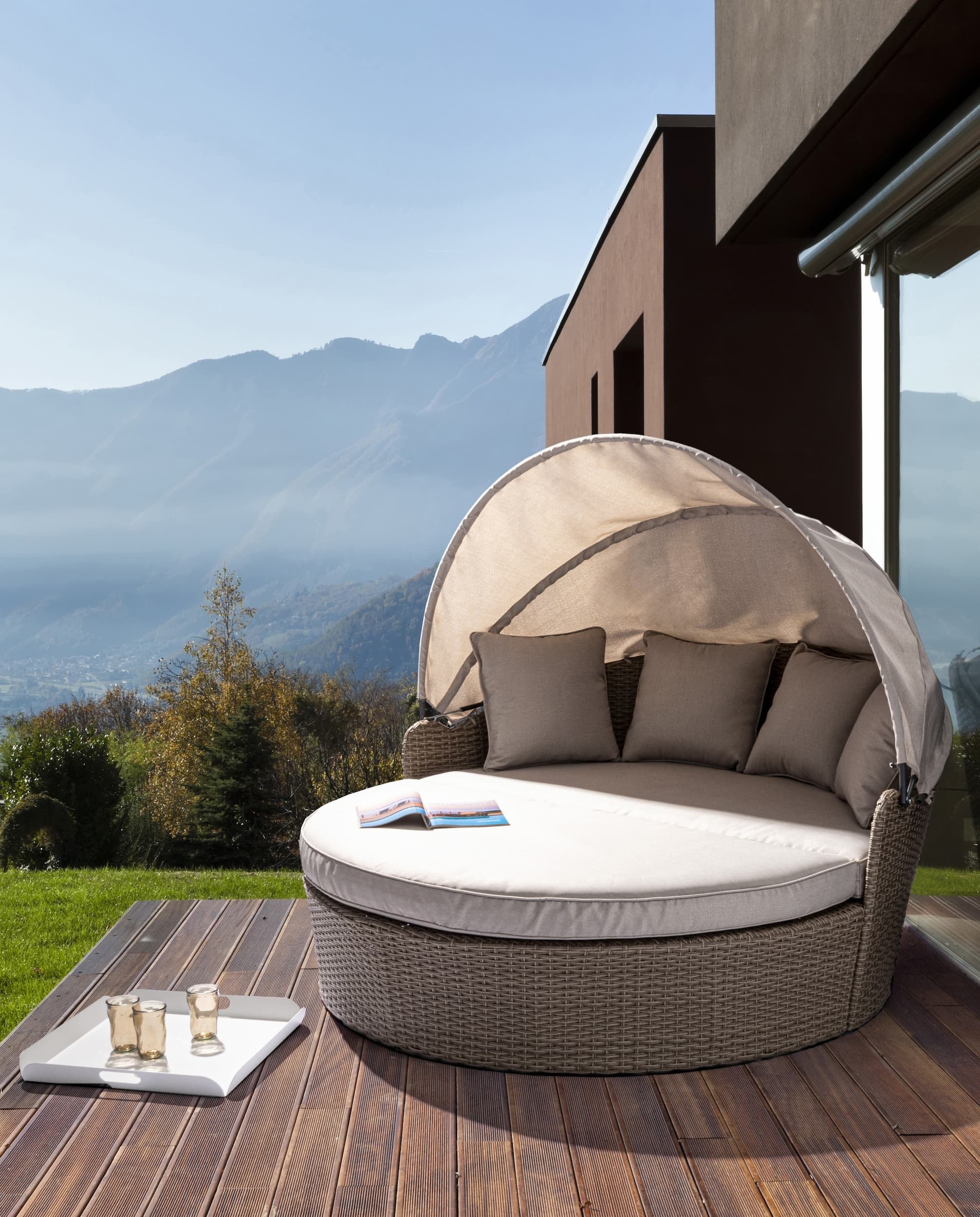 Canapea / Pat cu baldachin pentru gradina / terasa, din aluminiu si fibre sintetice, cu perne detasabile, 2 locuri, Siesta Grej, l168xA95-168xH82-145 cm (1)