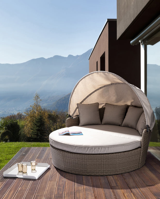 Canapea / Pat cu baldachin pentru gradina / terasa, din aluminiu si fibre sintetice, cu perne detasabile, 2 locuri, Siesta Grej, l168xA95-168xH82-145 cm (1)