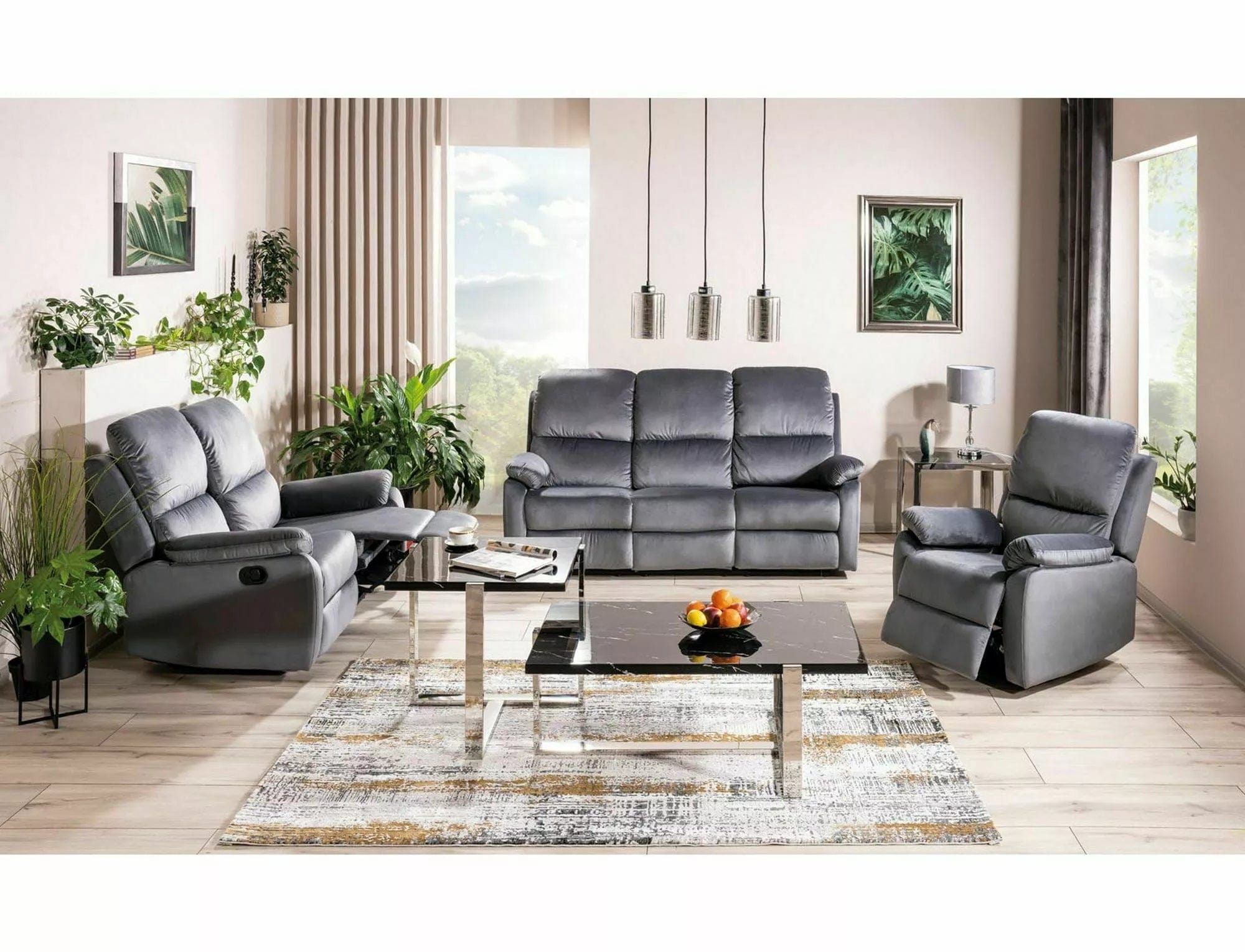 Canapea Recliner, 3 locuri, tapitata cu stofa, Spencer 3 Velvet Gri / Negru, l193xA94xH101 cm (2)