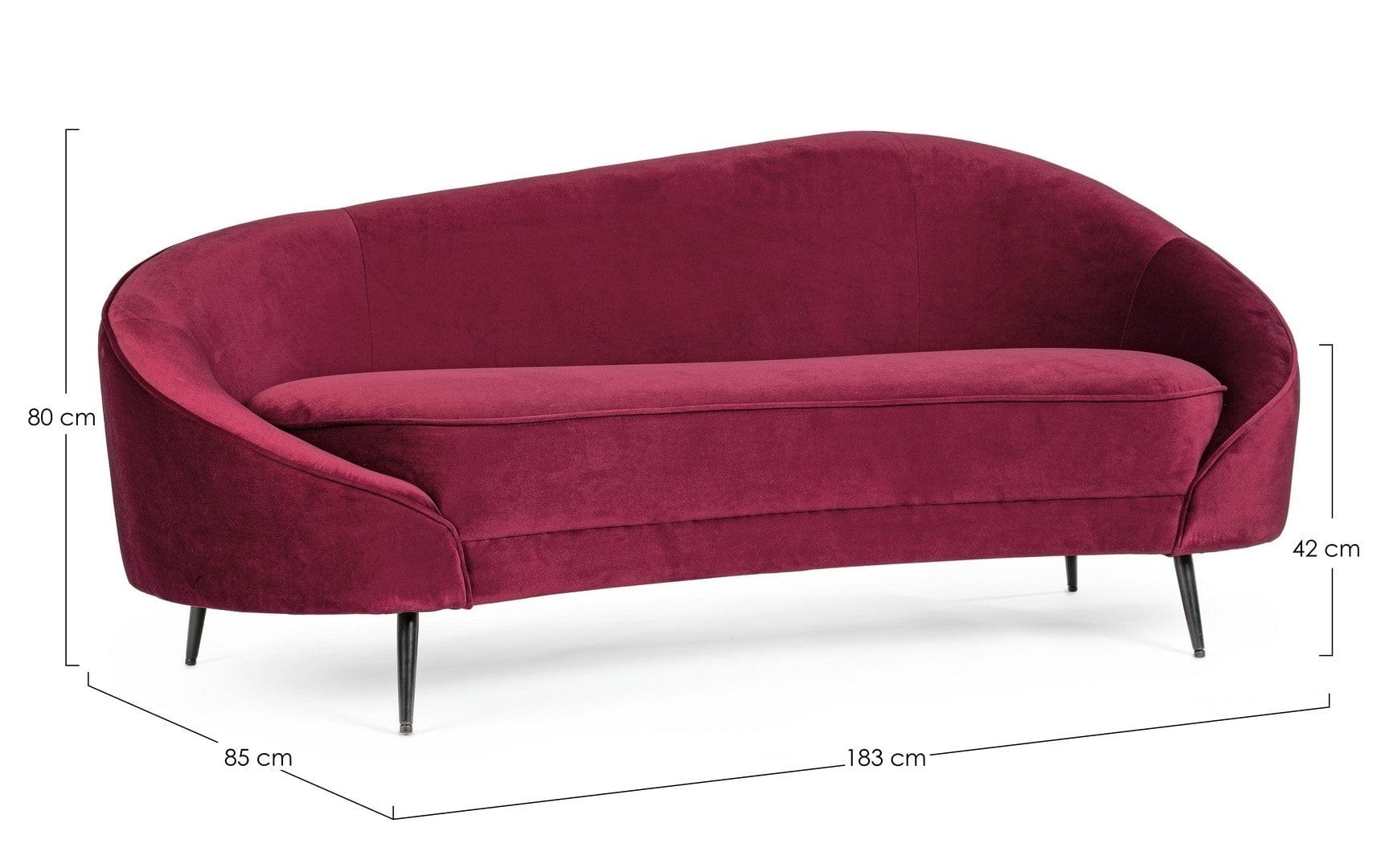 Bizzotto Canapea Seraphin Velvet Bordeaux Fixa cu Spuma Poliuretanica, 2 Locuri, tapitata cu Stofa, l183xA85xH80 cm