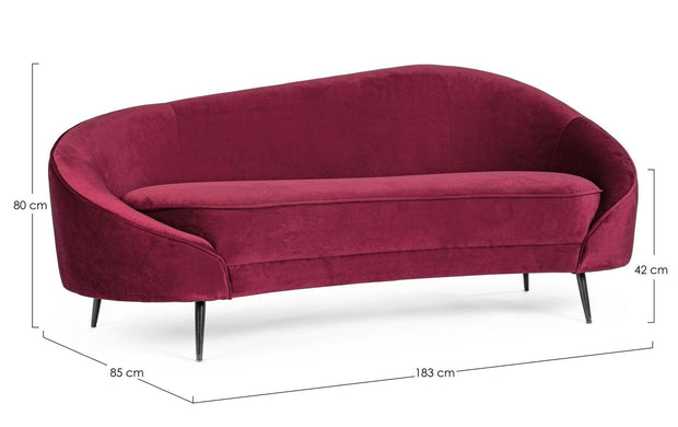 Bizzotto Canapea Seraphin Velvet Bordeaux Fixa cu Spuma Poliuretanica, 2 Locuri, tapitata cu Stofa, l183xA85xH80 cm