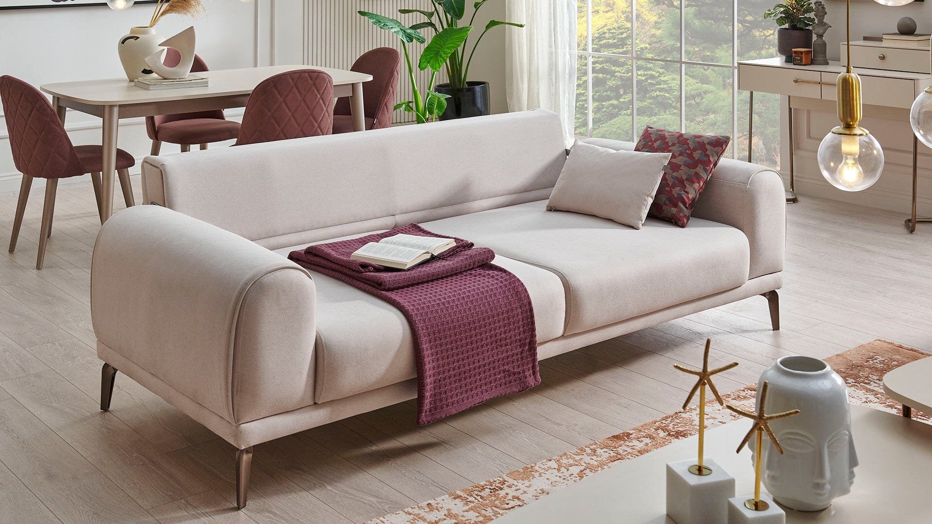 Dogtas Canapea tapitata cu piele ecologica, 3 locuri, cu functie sleep pentru 1 persoana, Nicole Crem, l238xA94,5xH78 cm