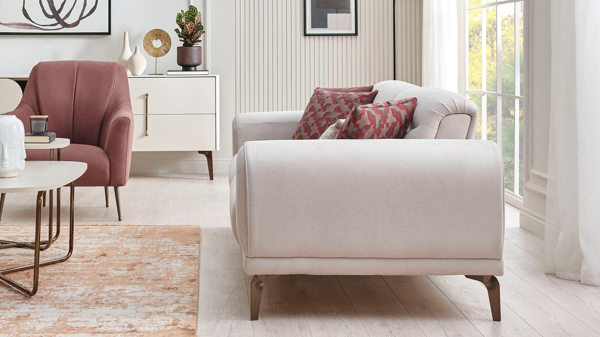 Dogtas Canapea tapitata cu piele ecologica, 3 locuri, cu functie sleep pentru 1 persoana, Nicole Crem, l238xA94,5xH78 cm