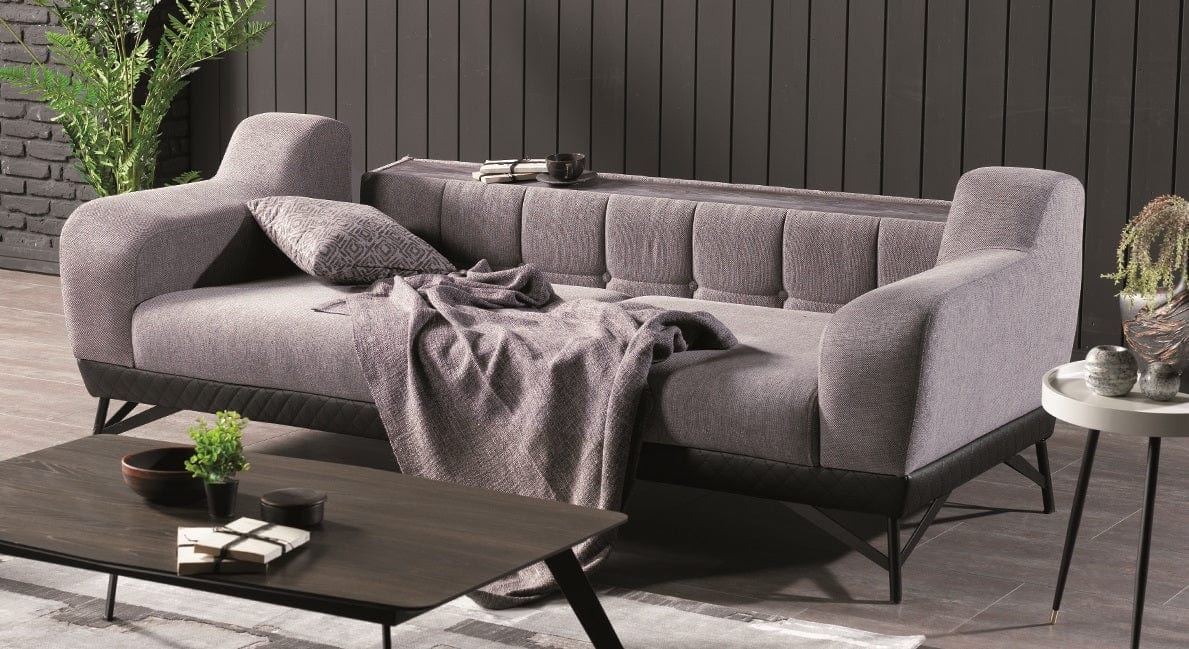 Serhat Canapea tapitata cu stofa si piele ecologica, 3 locuri, cu functie sleep pentru 1 persoana Miranda Gri K1, l230xA96xH82 cm