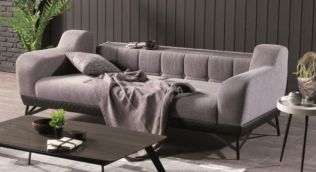 Serhat Canapea tapitata cu stofa si piele ecologica, 3 locuri, cu functie sleep pentru 1 persoana Miranda Gri K1, l230xA96xH82 cm