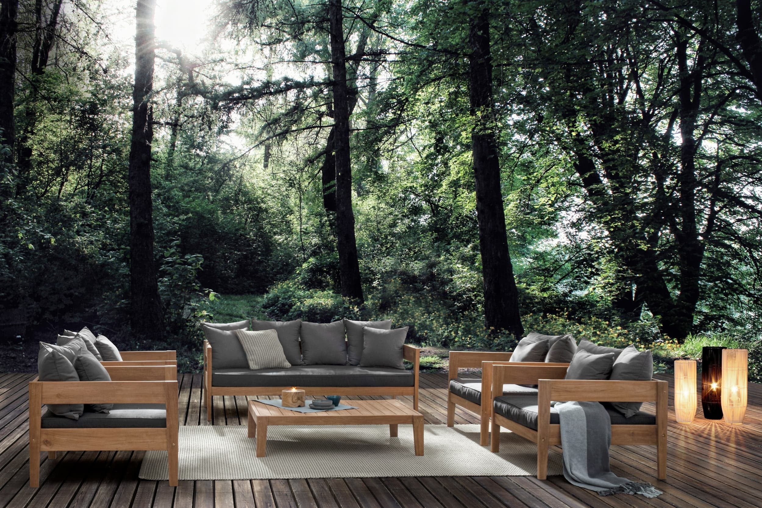 Canapea fixa pentru gradina / terasa, din lemn de tec, cu perne detasabile, 3 locuri, Kobo Antracit / Natural, l190xA90xH79 cm (1)