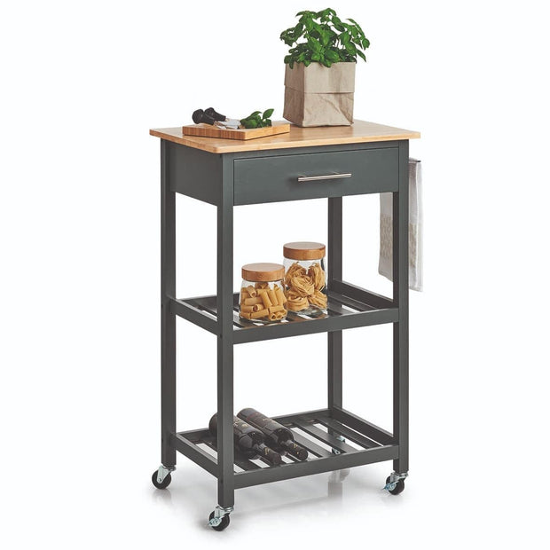 Carucior pentru bucatarie cu 1 sertar si 2 spatii de depozitare, din bambus si MDF, Simple Gri / Natural, l58xA40xH93 cm (1)