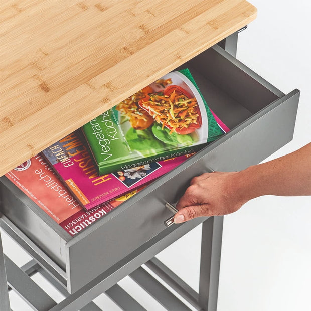 Carucior pentru bucatarie cu 1 sertar si 2 spatii de depozitare, din bambus si MDF, Simple Gri / Natural, l58xA40xH93 cm (3)