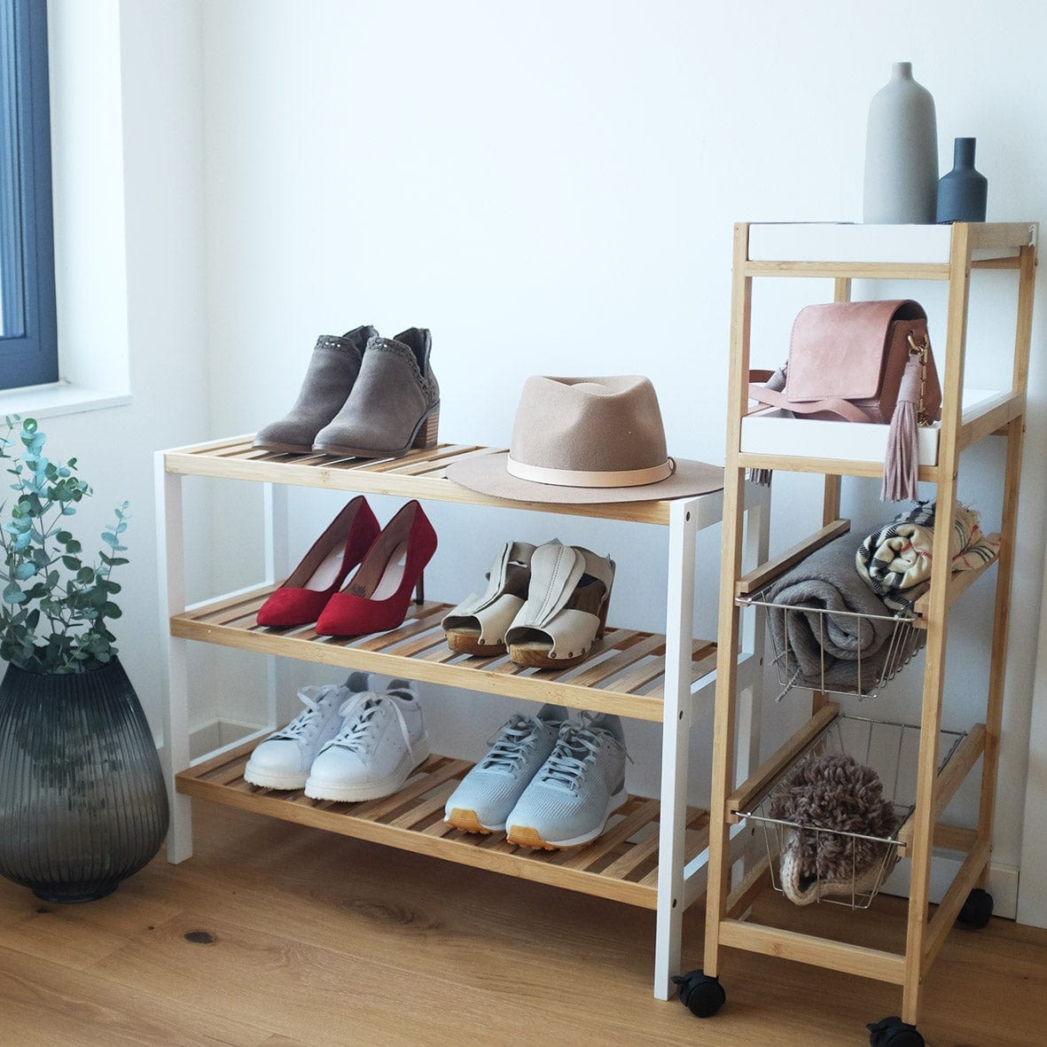 Carucior pentru bucatarie cu 4 spatii de depozitare, Natural Bamboo MDF, l40xA22xH83 cm (2)