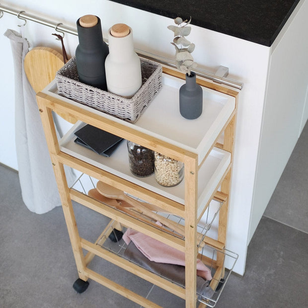 Carucior pentru bucatarie cu 4 spatii de depozitare, Natural Bamboo MDF, l40xA22xH83 cm (3)