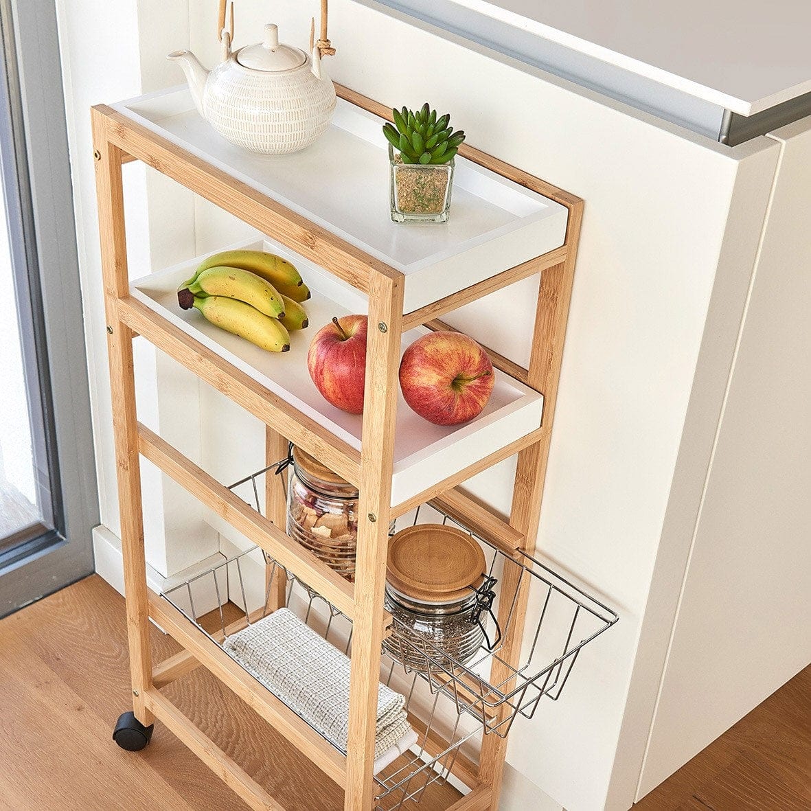 Carucior pentru bucatarie cu 4 spatii de depozitare, Natural Bamboo MDF, l40xA22xH83 cm (4)