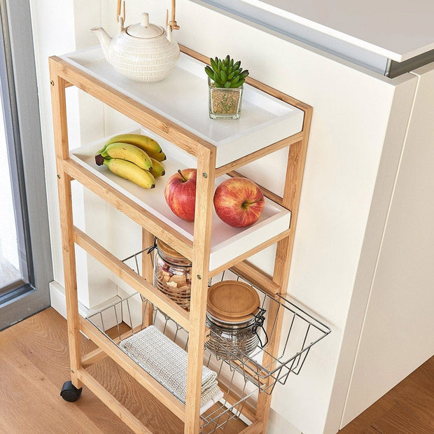 Carucior pentru bucatarie cu 4 spatii de depozitare, Natural Bamboo MDF, l40xA22xH83 cm (4)