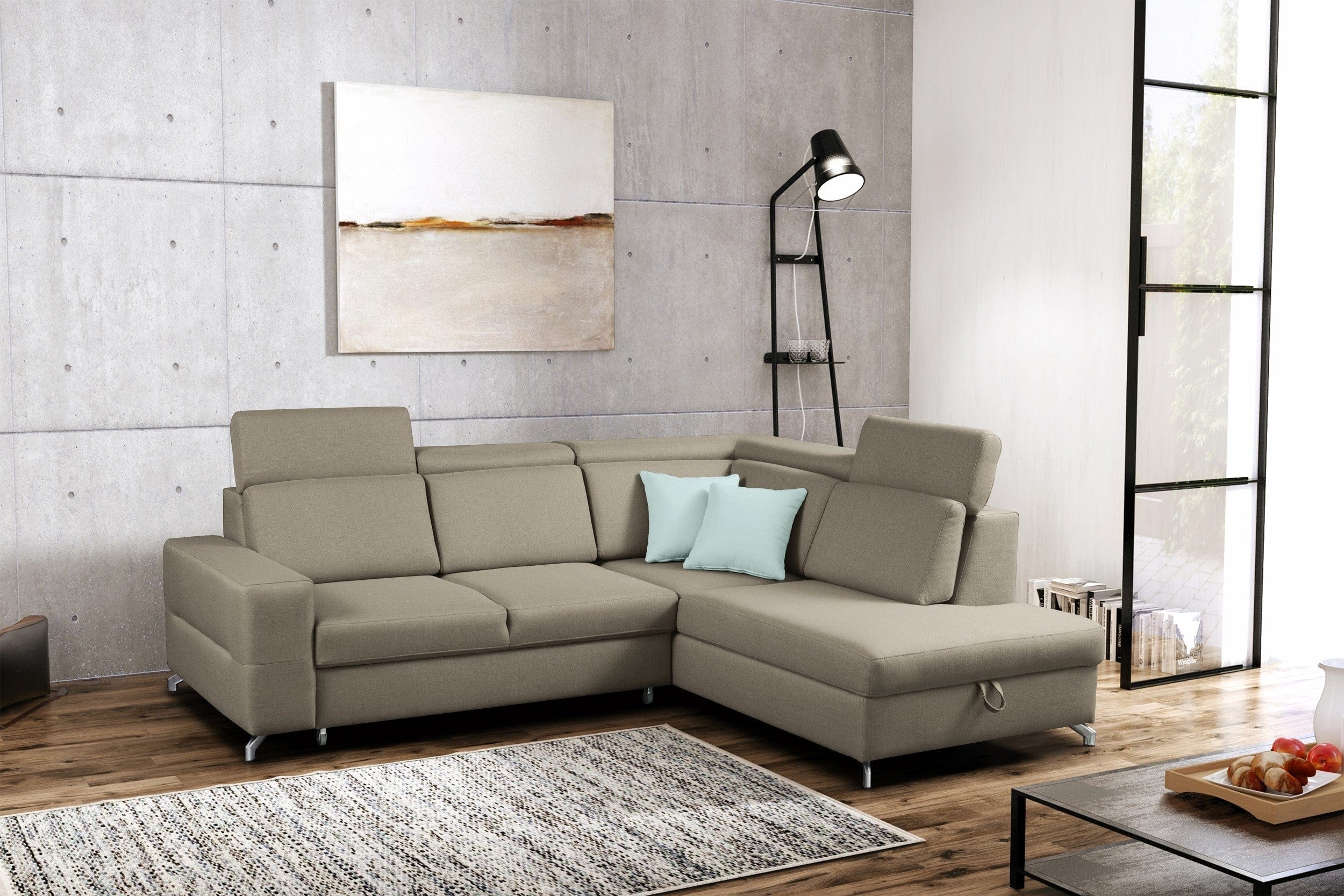 Coltar Aldos Extensibil cu Arcuri Ondulate si Spuma Poliuretanica, Sezlong pe Dreapta, Suprafata de Dormit 180x126 cm, cu Lada de Depozitare, Tetiere Reglabile, l254xA211xH84 cm