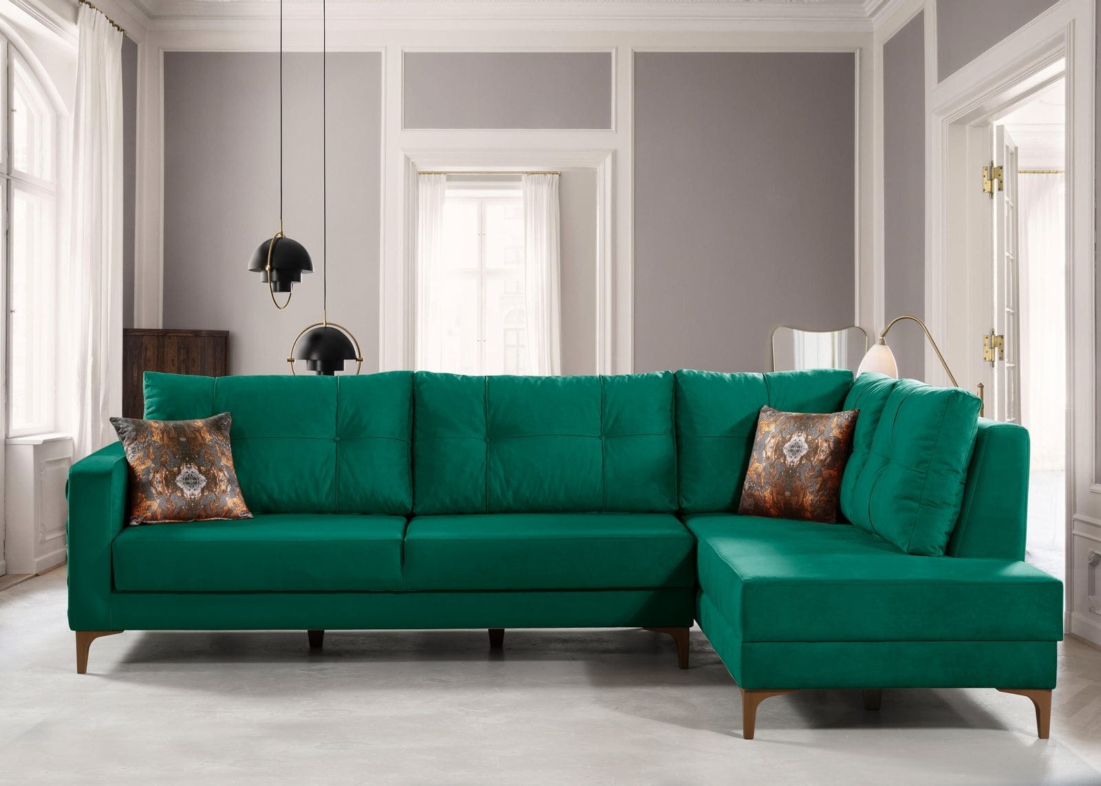 Oyo Coltar Cinar Velvet Verde Extensibil, Sezlong pe Dreapta, tapitat cu Stofa, Perne Incluse, l288xA195xH75 cm