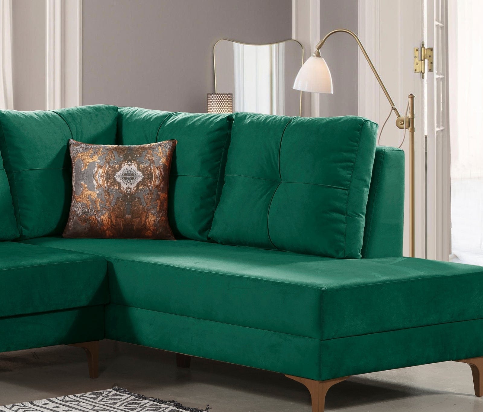 Oyo Coltar Cinar Velvet Verde Extensibil, Sezlong pe Dreapta, tapitat cu Stofa, Perne Incluse, l288xA195xH75 cm