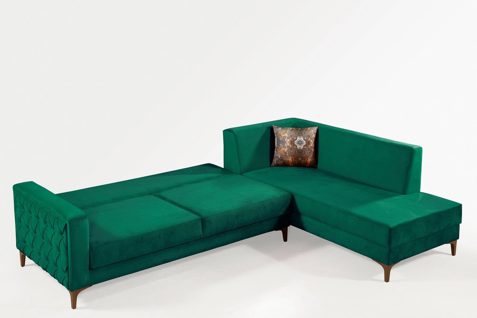 Oyo Coltar Cinar Velvet Verde Extensibil, Sezlong pe Dreapta, tapitat cu Stofa, Perne Incluse, l288xA195xH75 cm