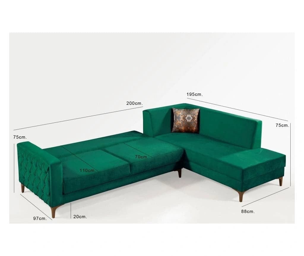 Oyo Coltar Cinar Velvet Verde Extensibil, Sezlong pe Dreapta, tapitat cu Stofa, Perne Incluse, l288xA195xH75 cm