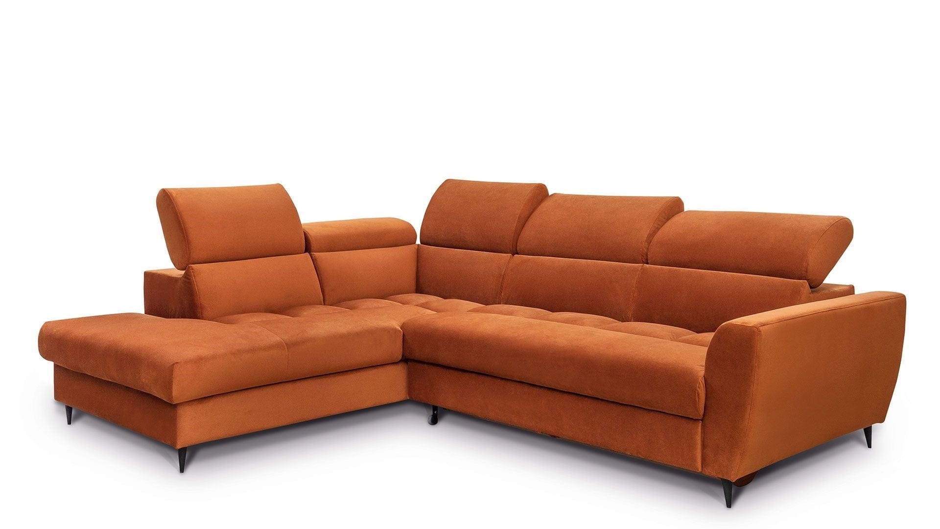 Coltar Extensibil Avisimo Velvet Caramiziu, Sezlong pe Stanga, cu Lada de Depozitare, tapitat cu Stofa, Tetiere Reglabile, l270xA214xH78-101 cm (1)