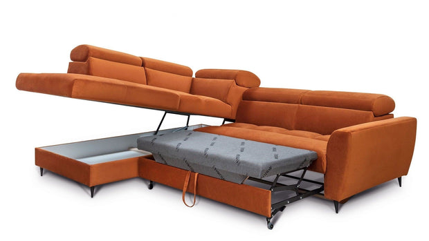 Coltar Extensibil Avisimo Velvet Caramiziu, Sezlong pe Stanga, cu Lada de Depozitare, tapitat cu Stofa, Tetiere Reglabile, l270xA214xH78-101 cm (2)