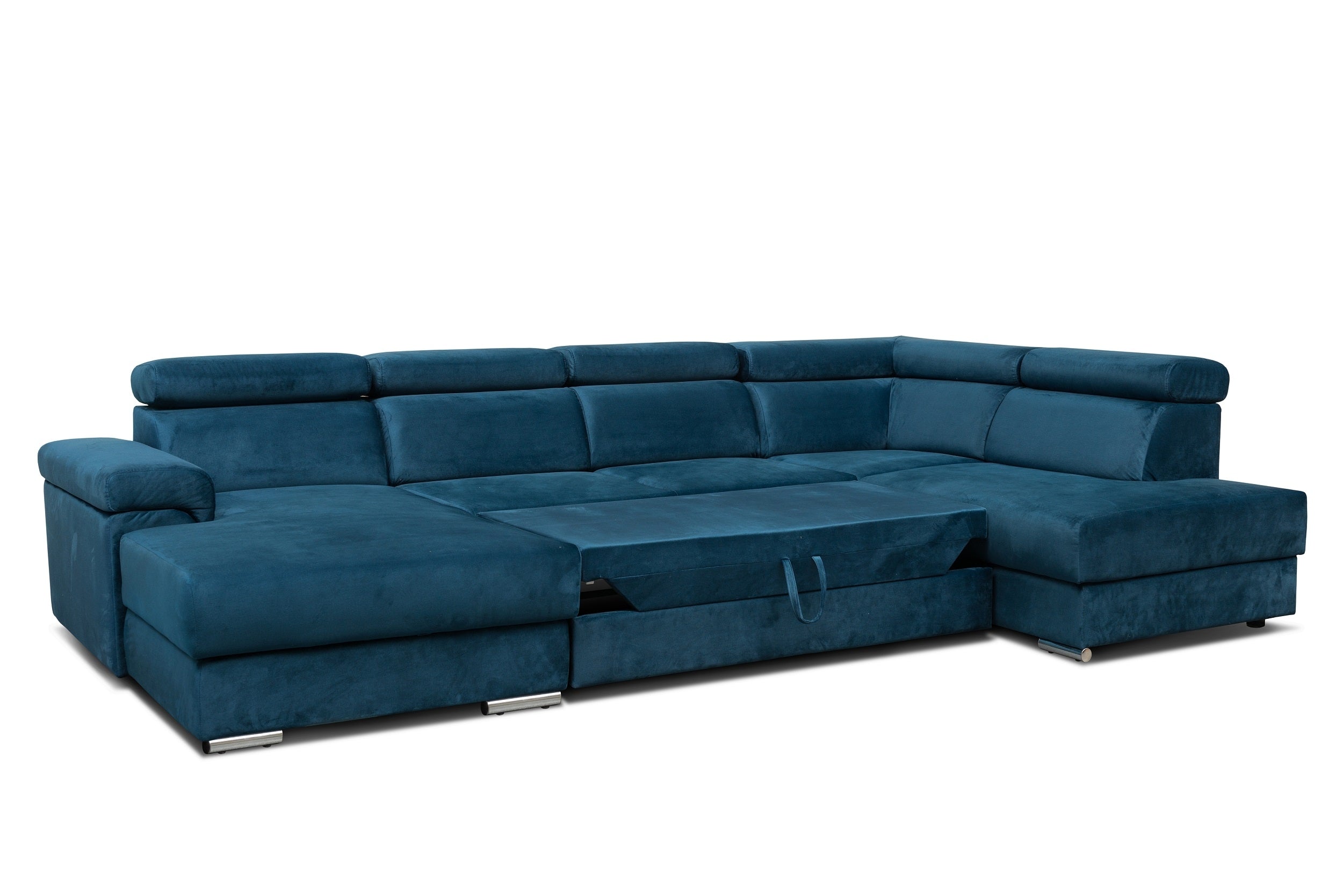 Coltar Extensibil Carlitos U Velvet Bleumarin, Sezlong pe Dreapta, cu Lada de Depozitare, tapitat cu Stofa, Tetiere Reglabile, l340xA206xH83 cm (1)