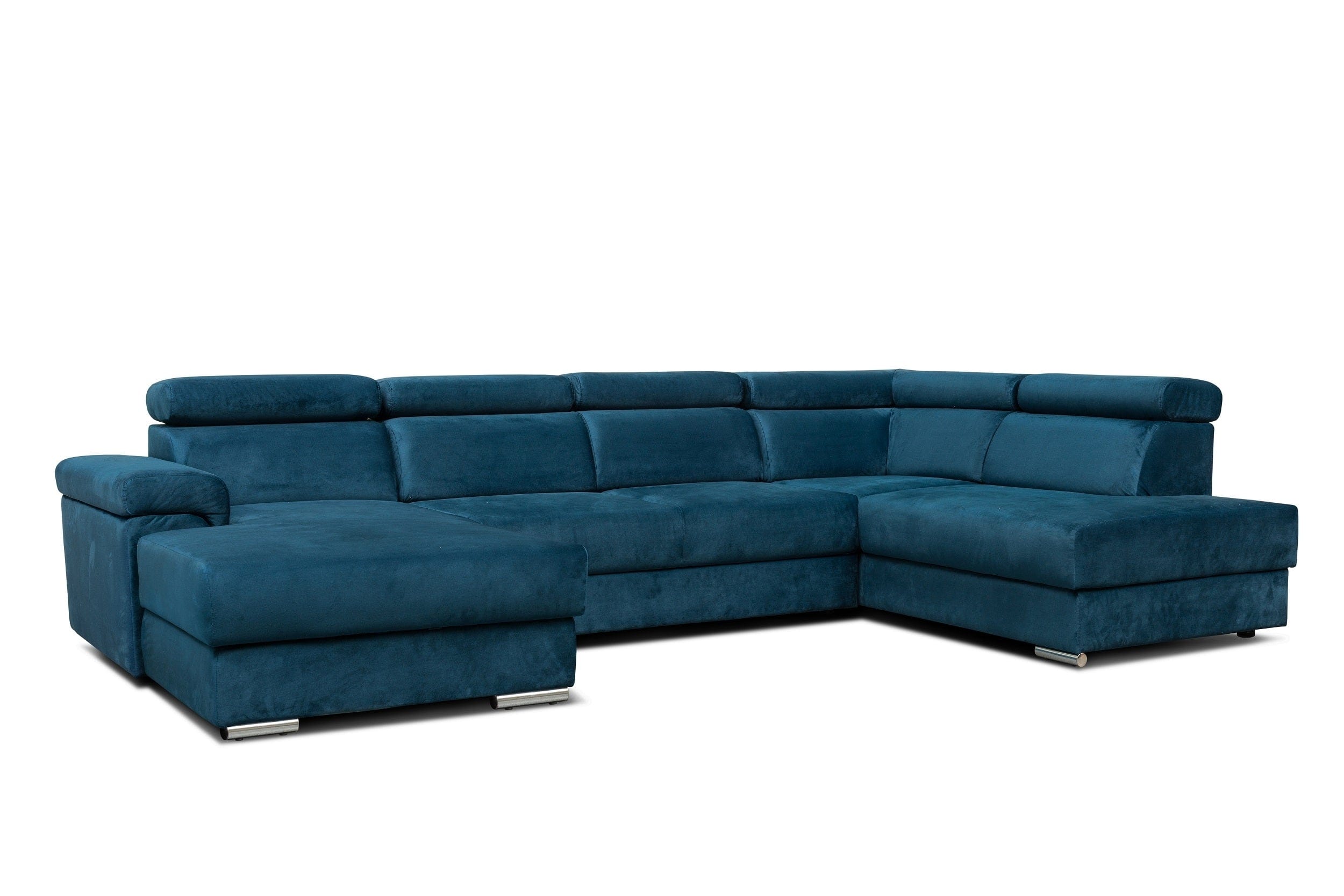 Coltar Extensibil Carlitos U Velvet Bleumarin, Sezlong pe Dreapta, cu Lada de Depozitare, tapitat cu Stofa, Tetiere Reglabile, l340xA206xH83 cm (2)