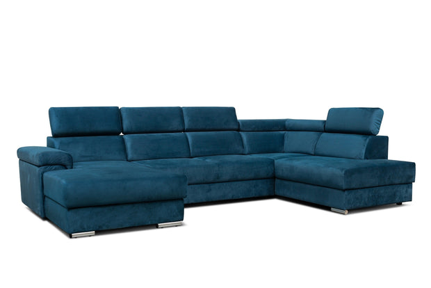 Coltar Extensibil Carlitos U Velvet Bleumarin, Sezlong pe Dreapta, cu Lada de Depozitare, tapitat cu Stofa, Tetiere Reglabile, l340xA206xH83 cm (3)