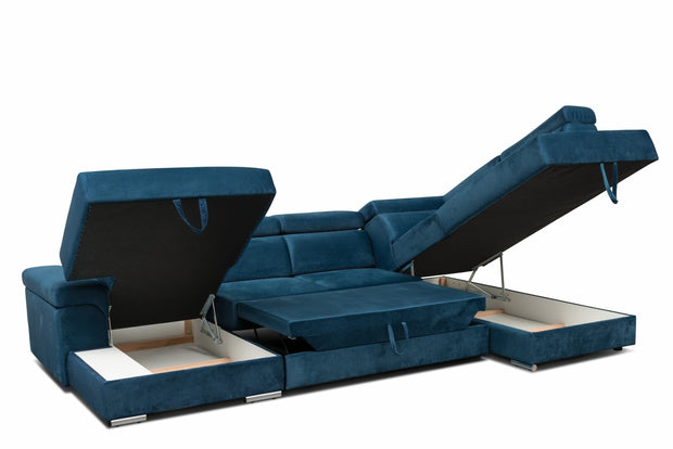 Coltar Extensibil Carlitos U Velvet Bleumarin, Sezlong pe Dreapta, cu Lada de Depozitare, tapitat cu Stofa, Tetiere Reglabile, l340xA206xH83 cm (4)