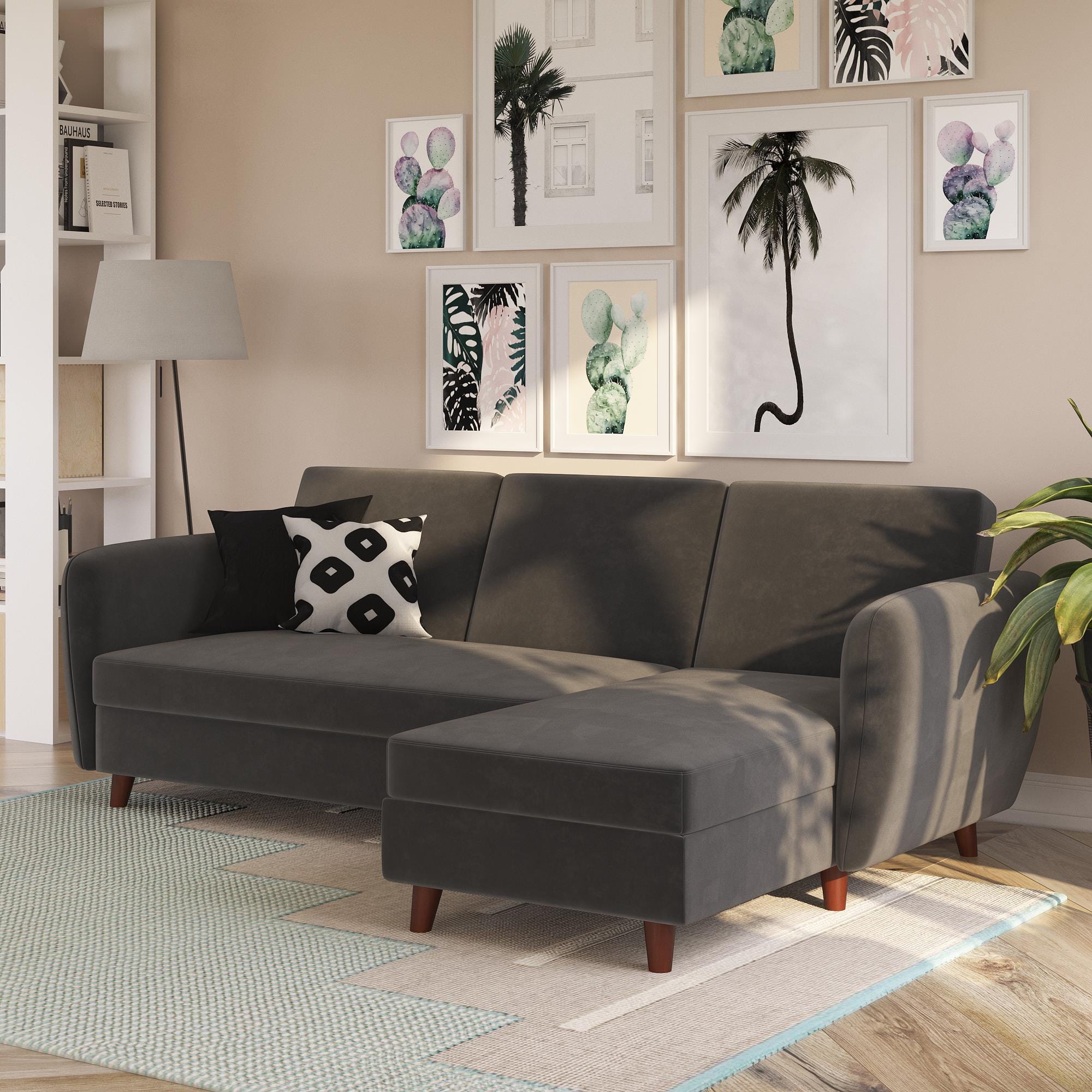 Dorel Home Coltar Extensibil cu Lada de Depozitare, Sezlong pe Dreapta Perry Velvet Gri / Maro, l219xA153xH82 cm