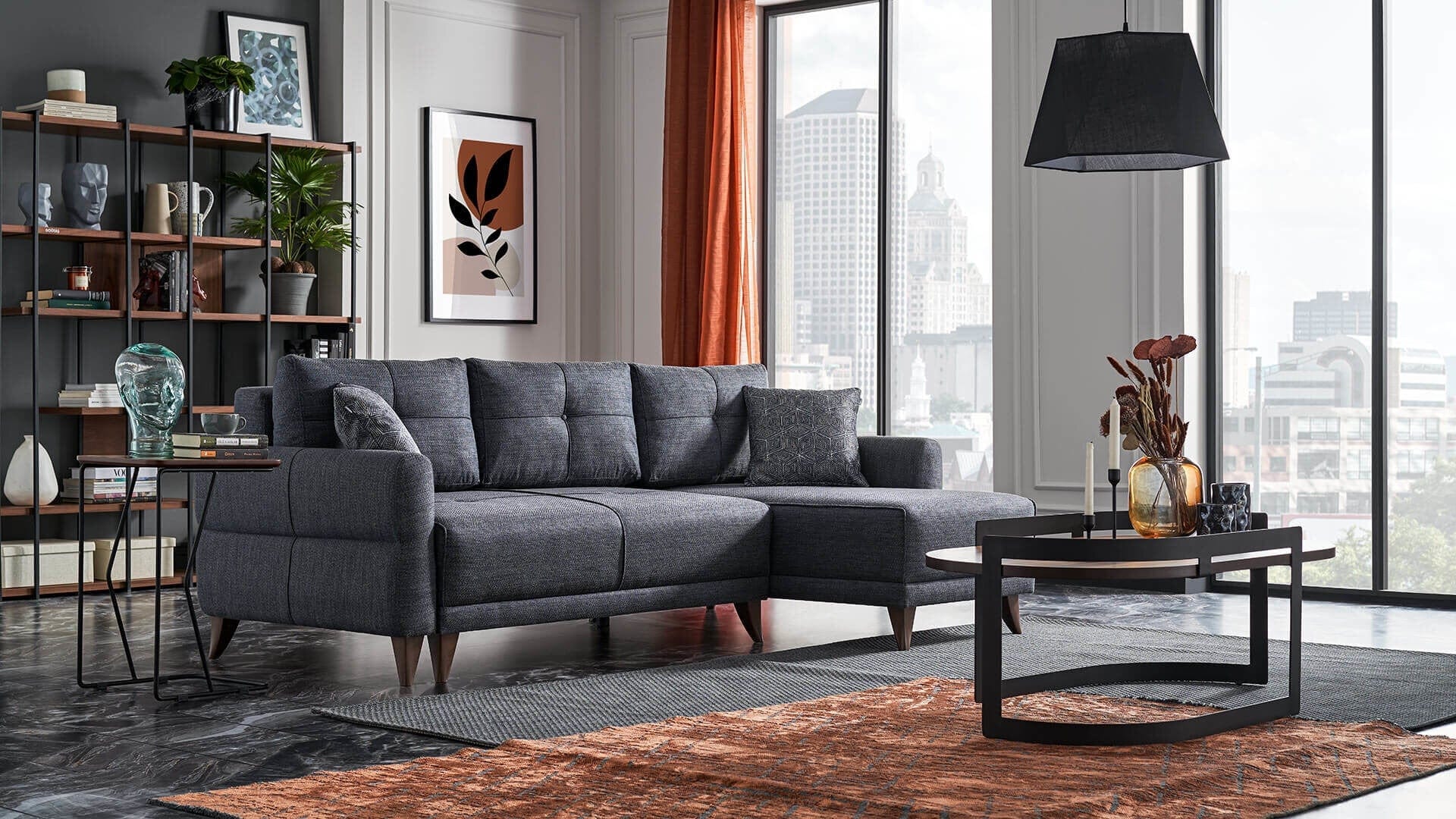 Dogtas Coltar extensibil cu lada de depozitare, universal (pe stanga sau pe dreapta), tapitat cu stofa, Mila Grafit, l225xA140xH90 cm