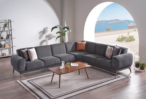 Serhat Coltar Extensibil, cu Sezlong pe Dreapta, tapitat cu Stofa, Buffalo K1 Gri Inchis, l321xA262xH82 cm