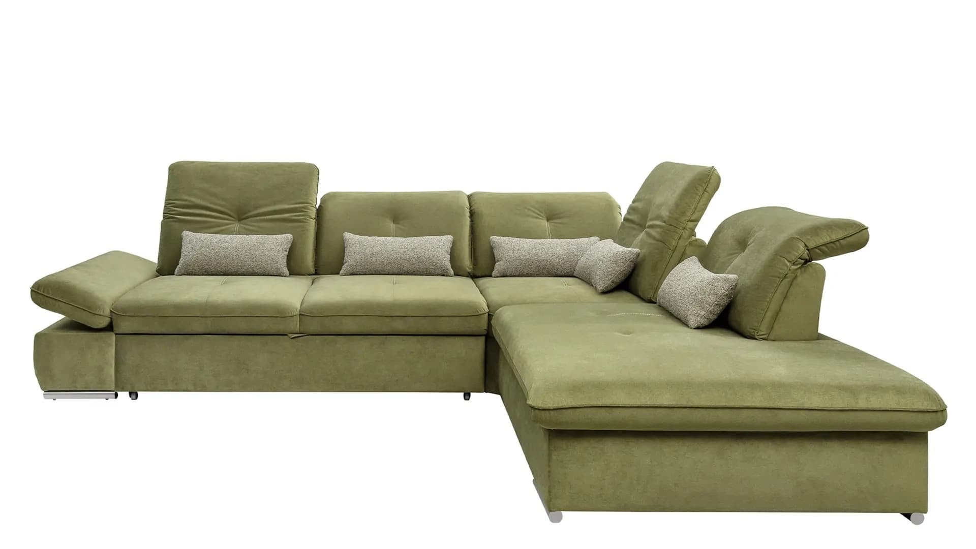 Coltar Extensibil Editis Large Velvet Verde Olive, Sezlong pe Dreapta, cu Lada de Depozitare, tapitat cu Stofa, Spatar Reglabil, Tetiere si Cotiere Reglabile, l314xA251xH82-97 cm (2)