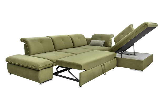 Coltar Extensibil Editis Large Velvet Verde Olive, Sezlong pe Dreapta, cu Lada de Depozitare, tapitat cu Stofa, Spatar Reglabil, Tetiere si Cotiere Reglabile, l314xA251xH82-97 cm (3)