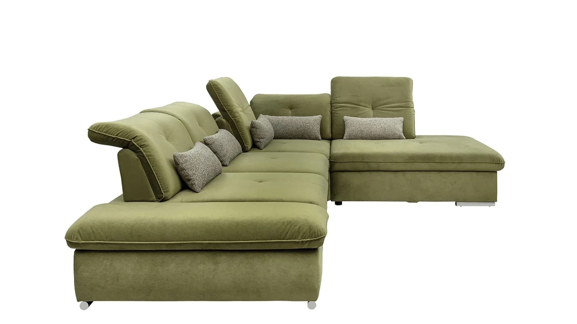 Coltar Extensibil Editis Large Velvet Verde Olive, Sezlong pe Dreapta, cu Lada de Depozitare, tapitat cu Stofa, Spatar Reglabil, Tetiere si Cotiere Reglabile, l314xA251xH82-97 cm (4)