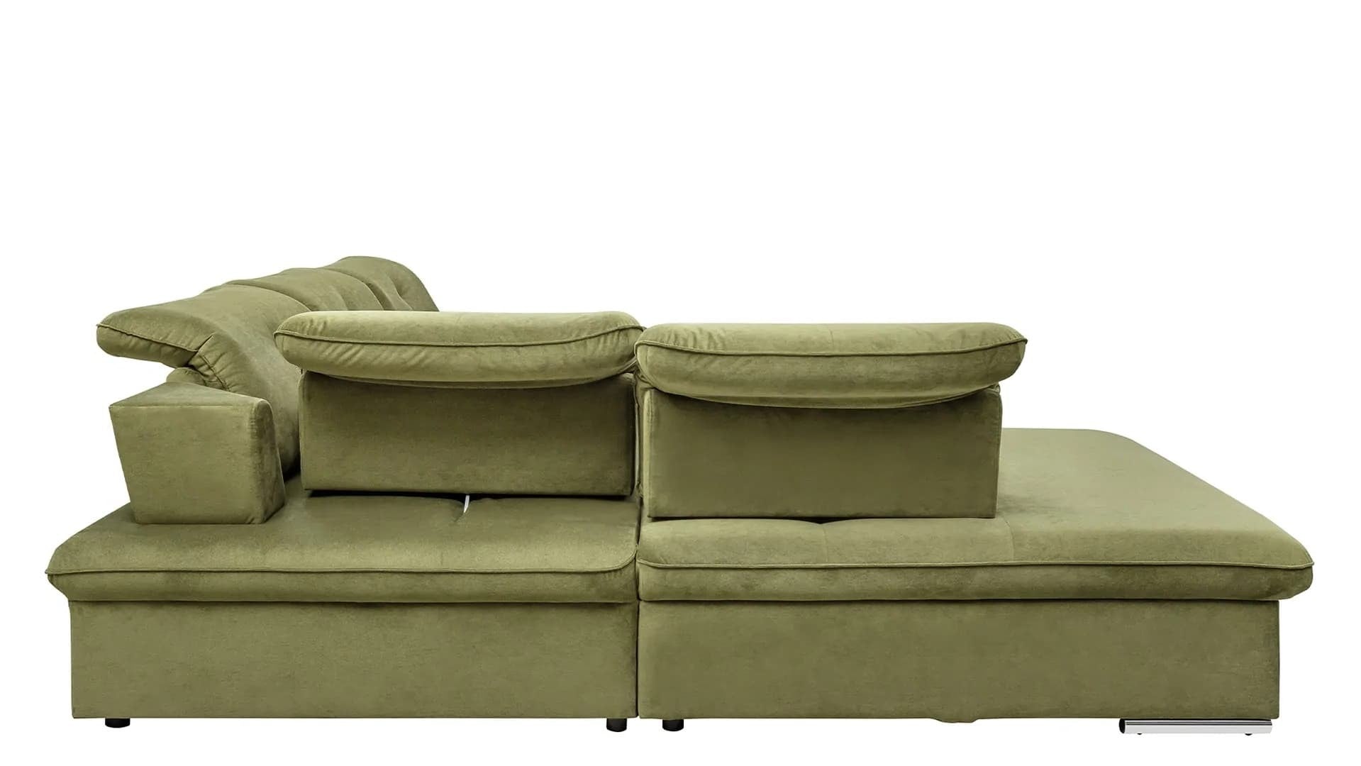 Coltar Extensibil Editis Large Velvet Verde Olive, Sezlong pe Stanga, cu Lada de Depozitare, tapitat cu Stofa, Spatar Reglabil, Tetiere si Cotiere Reglabile, l314xA251xH82-97 cm (5)