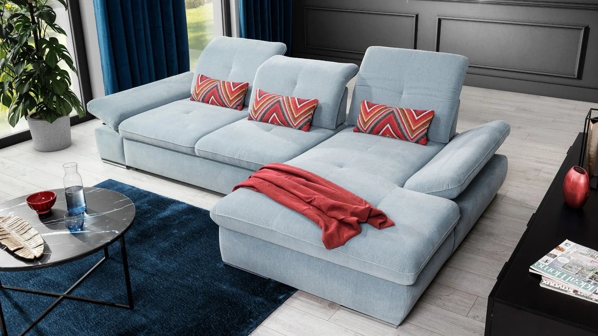 Coltar Extensibil Editis Small Bleu, Sezlong pe Dreapta, cu Lada de Depozitare, tapitat cu Stofa, Spatar Reglabil, Tetiere si Cotiere Reglabile, l312xA186xH82-97 cm (1)