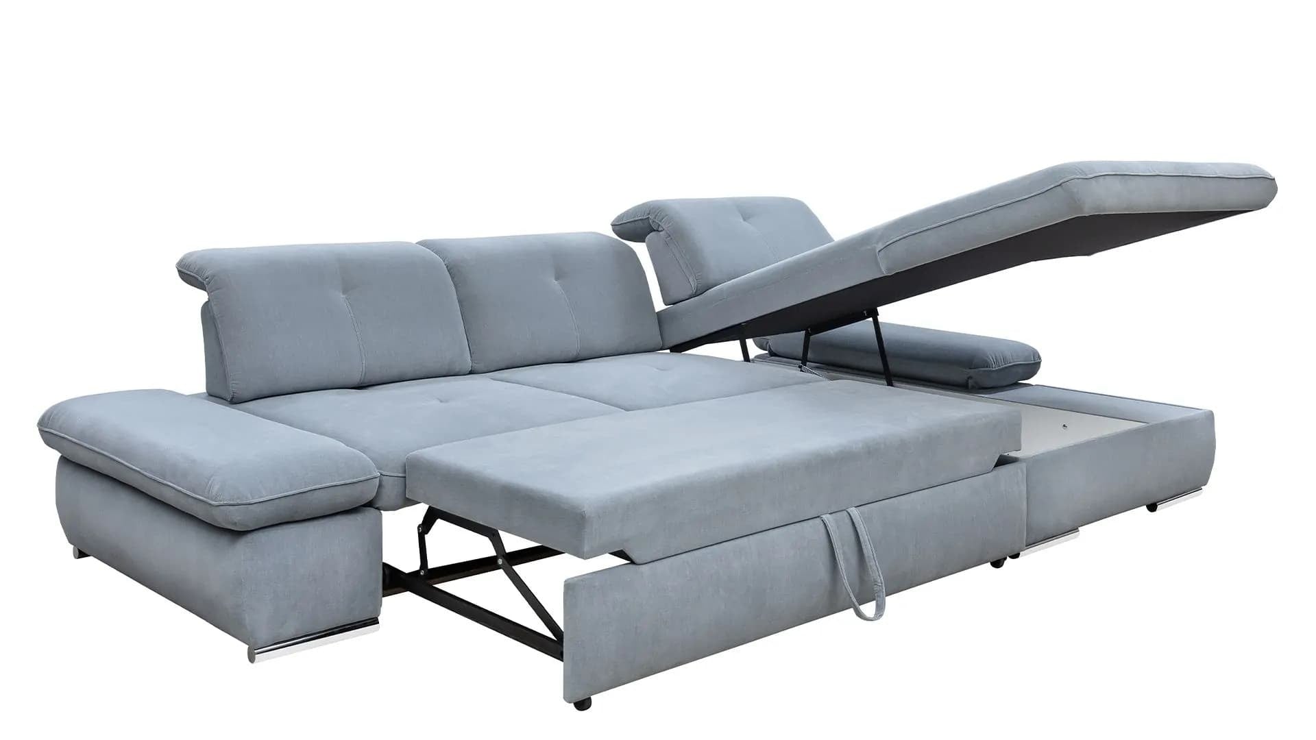 Coltar Extensibil Editis Small Bleu, Sezlong pe Dreapta, cu Lada de Depozitare, tapitat cu Stofa, Spatar Reglabil, Tetiere si Cotiere Reglabile, l312xA186xH82-97 cm (4)