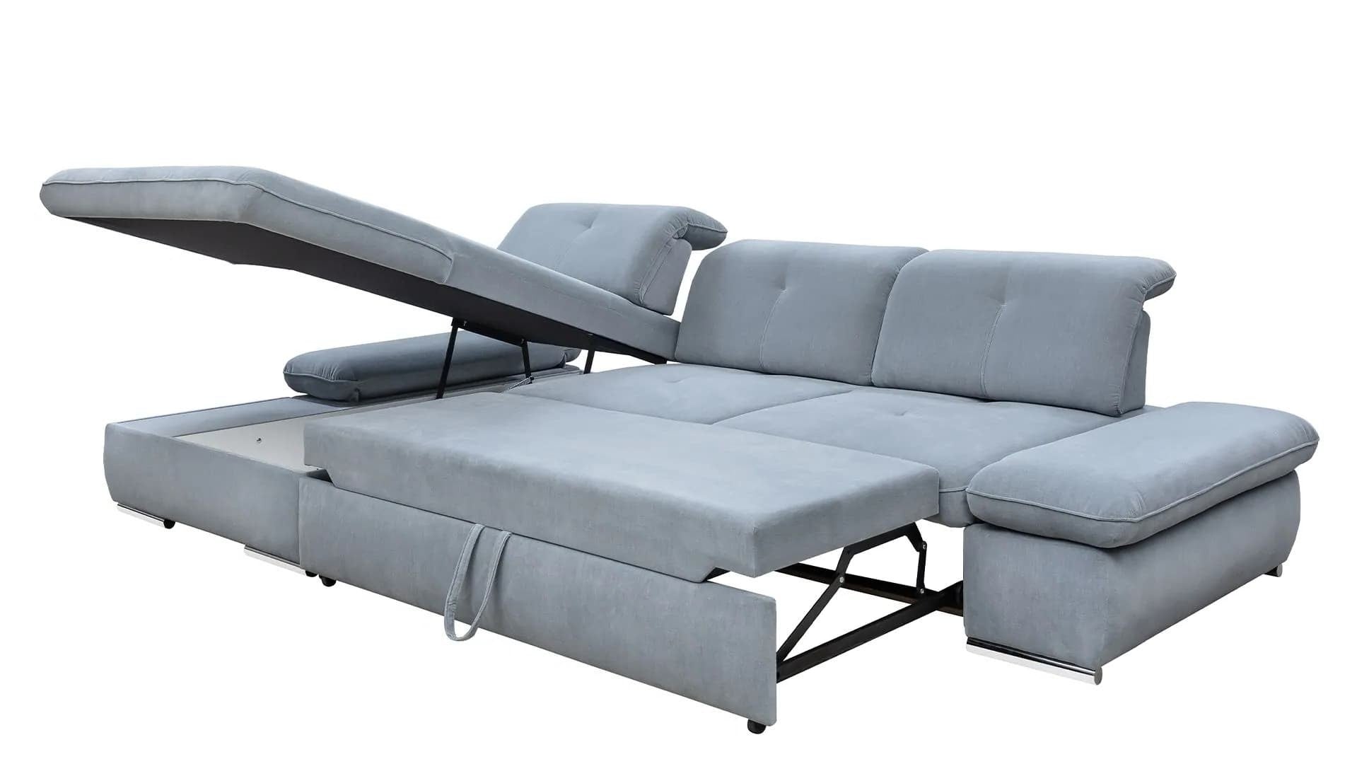 Coltar Extensibil Editis Small Bleu, Sezlong pe Stanga, cu Lada de Depozitare, tapitat cu Stofa, Spatar Reglabil, Tetiere si Cotiere Reglabile, l312xA186xH82-97 cm (4)