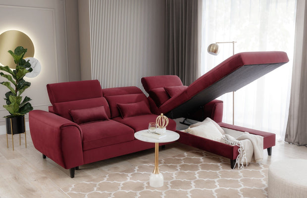 Eltap Coltar Extensibil Fobleros Plus Bordeaux cu Lada de Depozitare, Sezlong pe Dreapta, Tetiere Reglabile, l267xA196xH83-100 cm