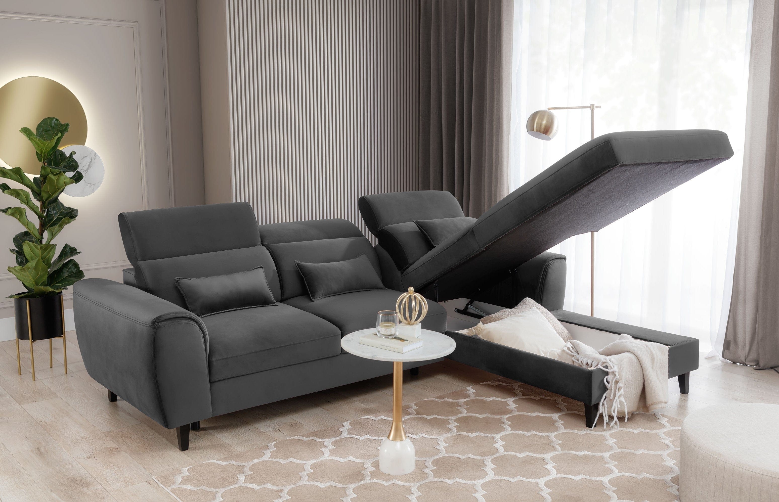 Eltap Coltar Extensibil Fobleros Plus Gri Inchis cu Lada de Depozitare, Sezlong pe Dreapta, Tetiere Reglabile, l267xA196xH83-100 cm