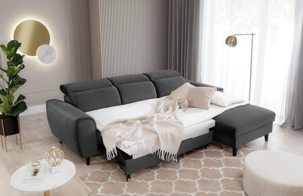 Eltap Coltar Extensibil Fobleros Plus Gri Inchis cu Lada de Depozitare, Sezlong pe Dreapta, Tetiere Reglabile, l267xA196xH83-100 cm