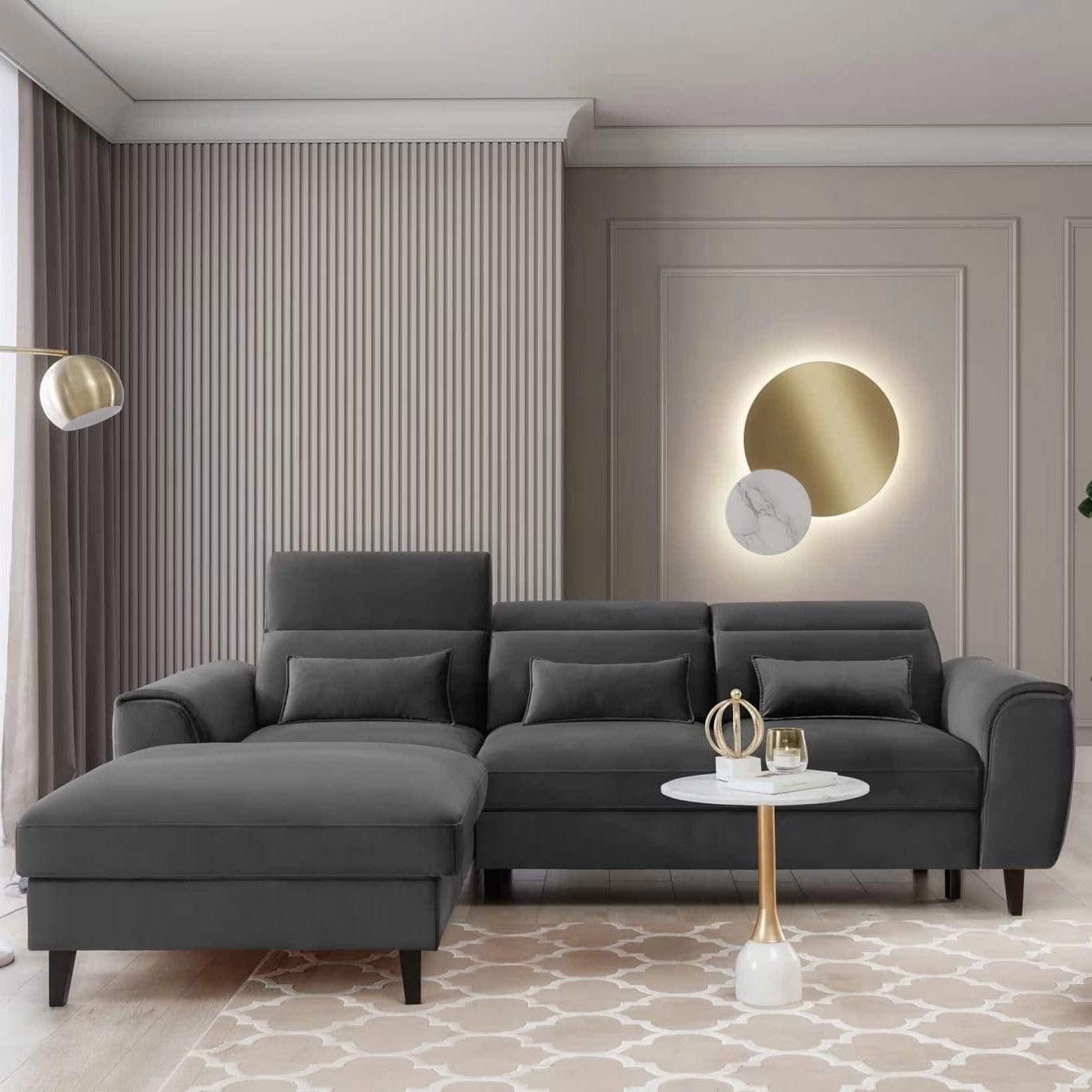 Eltap Coltar Extensibil Fobleros Plus Gri Inchis cu Lada de Depozitare, Sezlong pe Stanga, Tetiere Reglabile, l267xA196xH83-100 cm