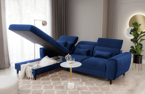 Eltap Coltar Extensibil Fobleros Plus Velvet Bleumarin cu Lada de Depozitare, Sezlong pe Stanga, Tetiere Reglabile, l267xA196xH83-100 cm