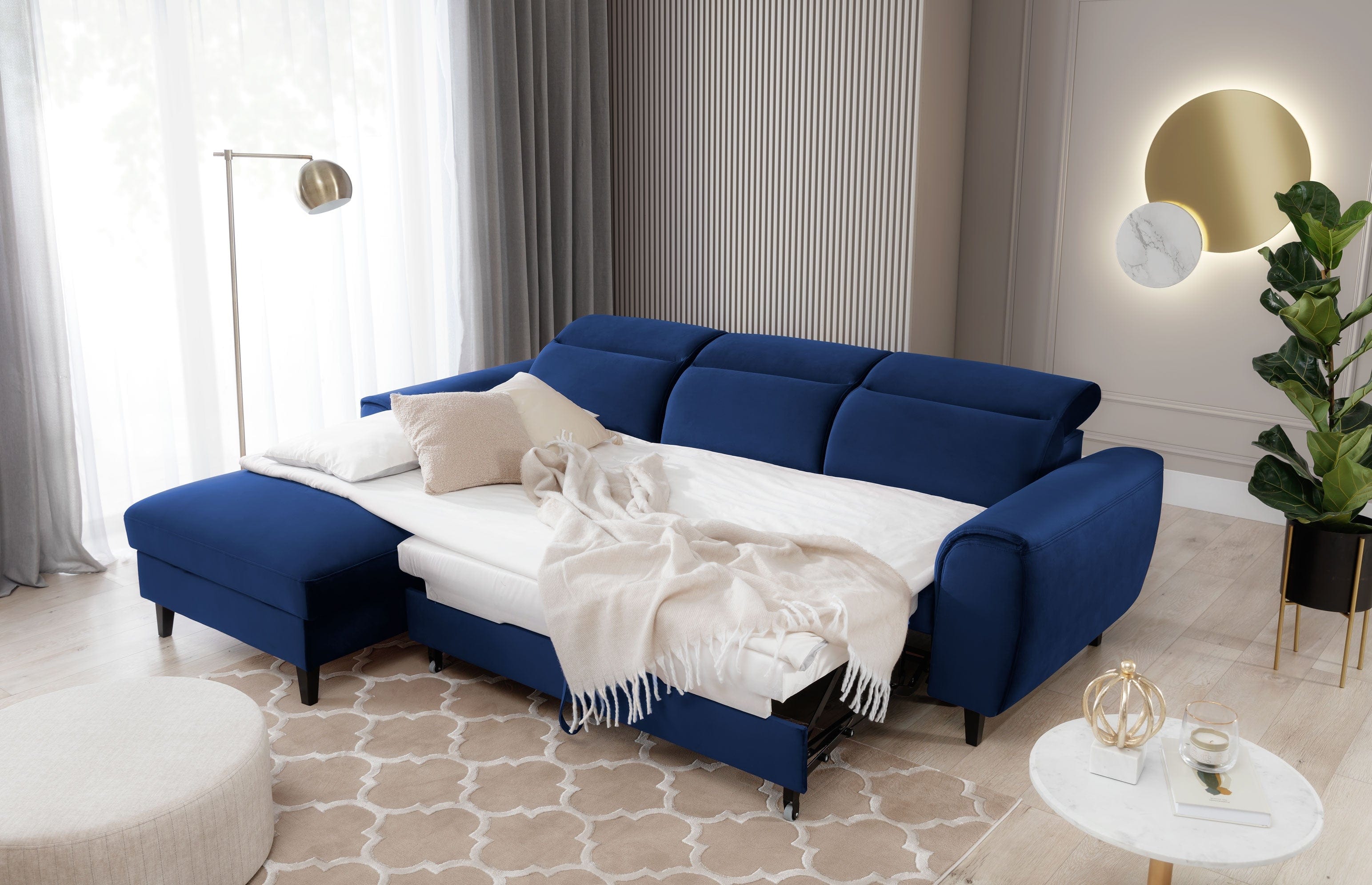 Eltap Coltar Extensibil Fobleros Plus Velvet Bleumarin cu Lada de Depozitare, Sezlong pe Stanga, Tetiere Reglabile, l267xA196xH83-100 cm