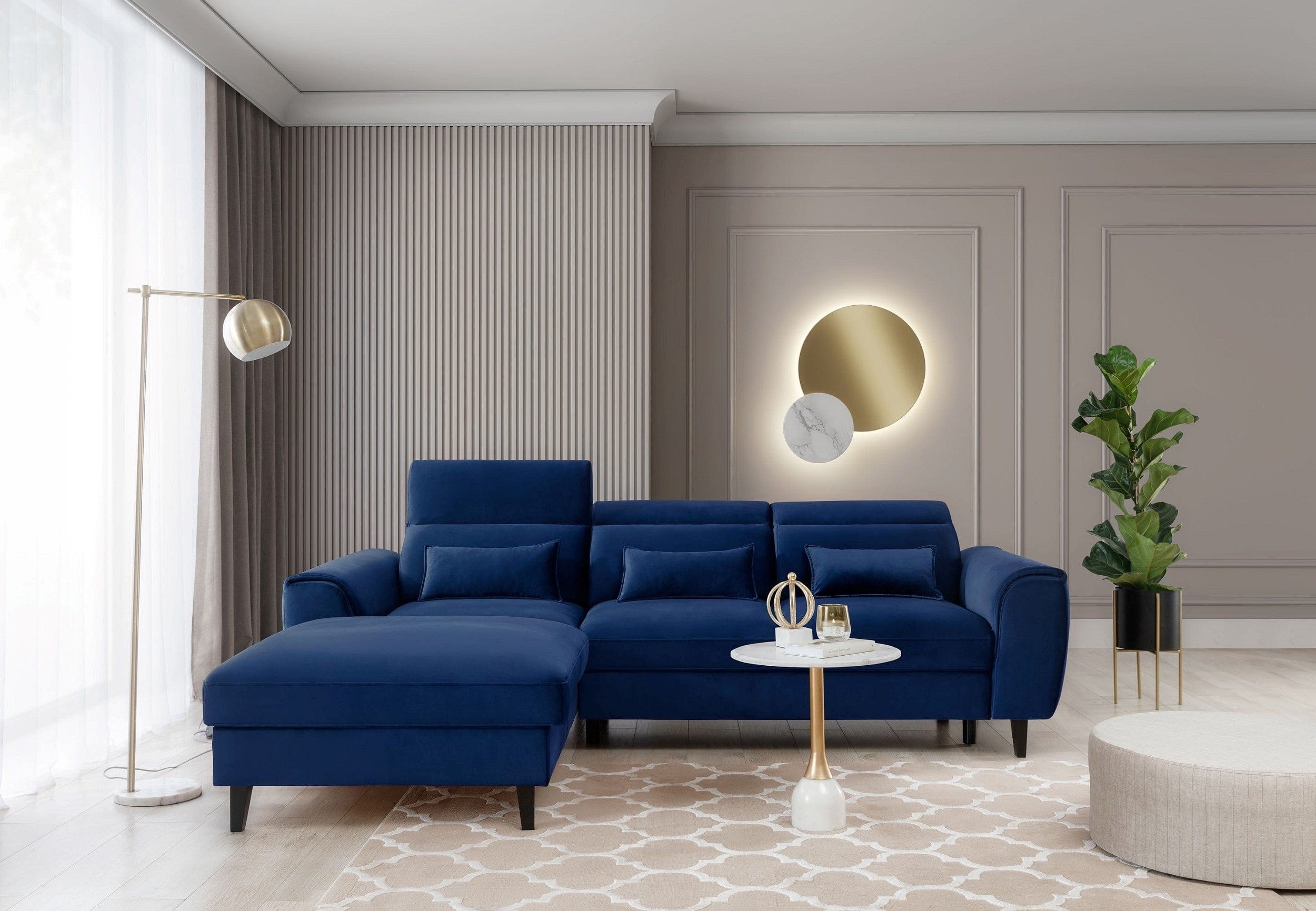Eltap Coltar Extensibil Fobleros Plus Velvet Bleumarin cu Lada de Depozitare, Sezlong pe Stanga, Tetiere Reglabile, l267xA196xH83-100 cm
