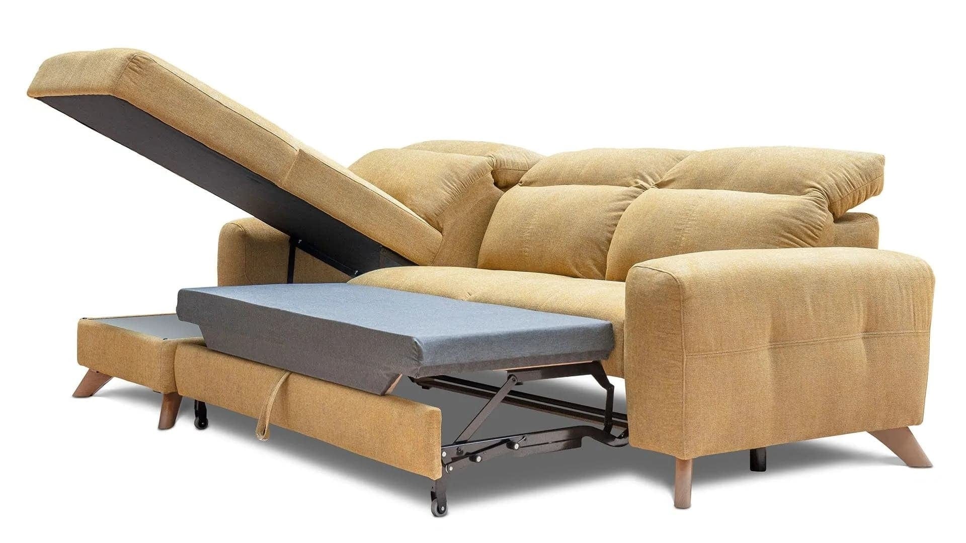 Coltar Extensibil Imperius Galben, Sezlong pe Stanga, cu Lada de Depozitare, tapitat cu Stofa, Tetiere Reglabile, l281xA175xH84-100 cm (1)