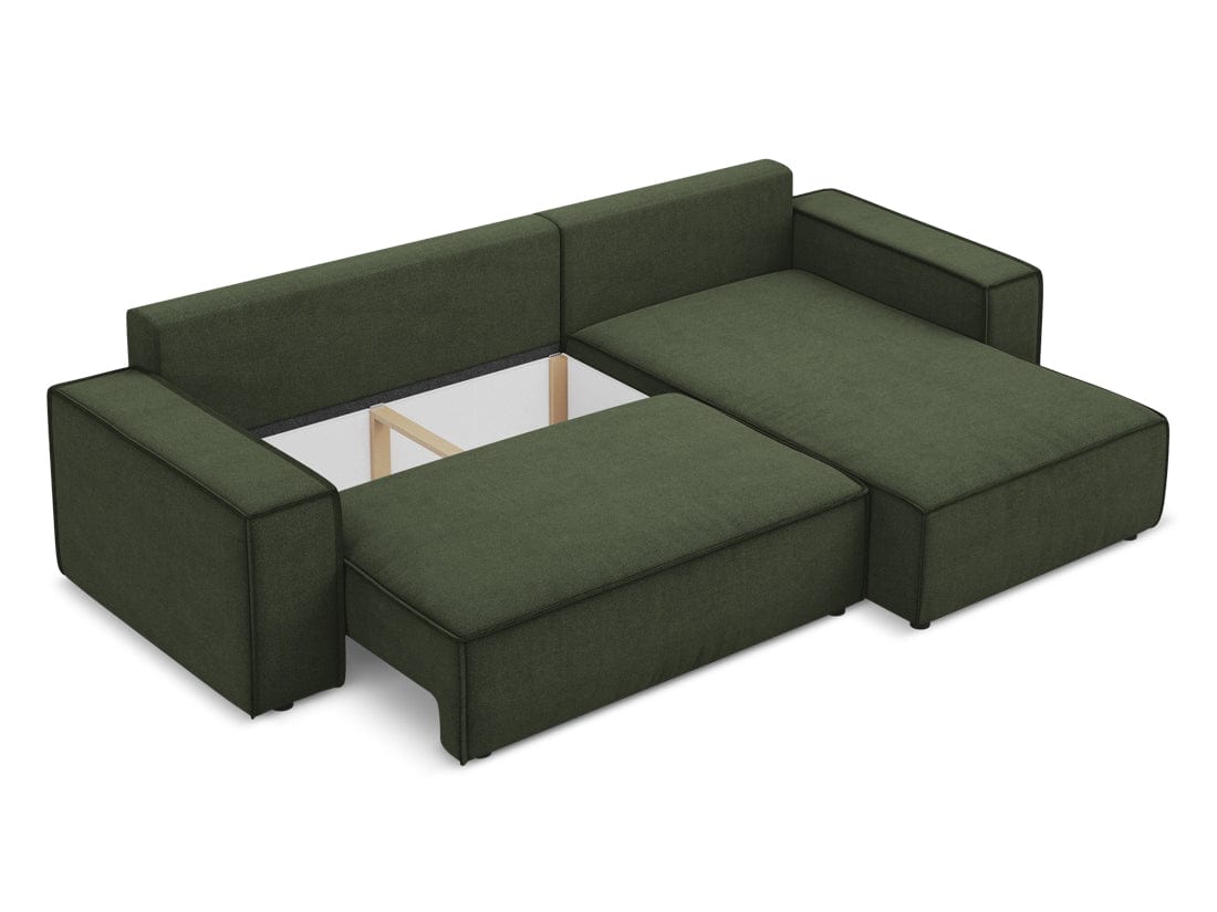 Makamii Coltar Extensibil, Sezlong pe Dreapta, Lada de Depozitare, Tapitat cu Stofa, Kimo C2 Verde Olive, l290xA185xH82 cm