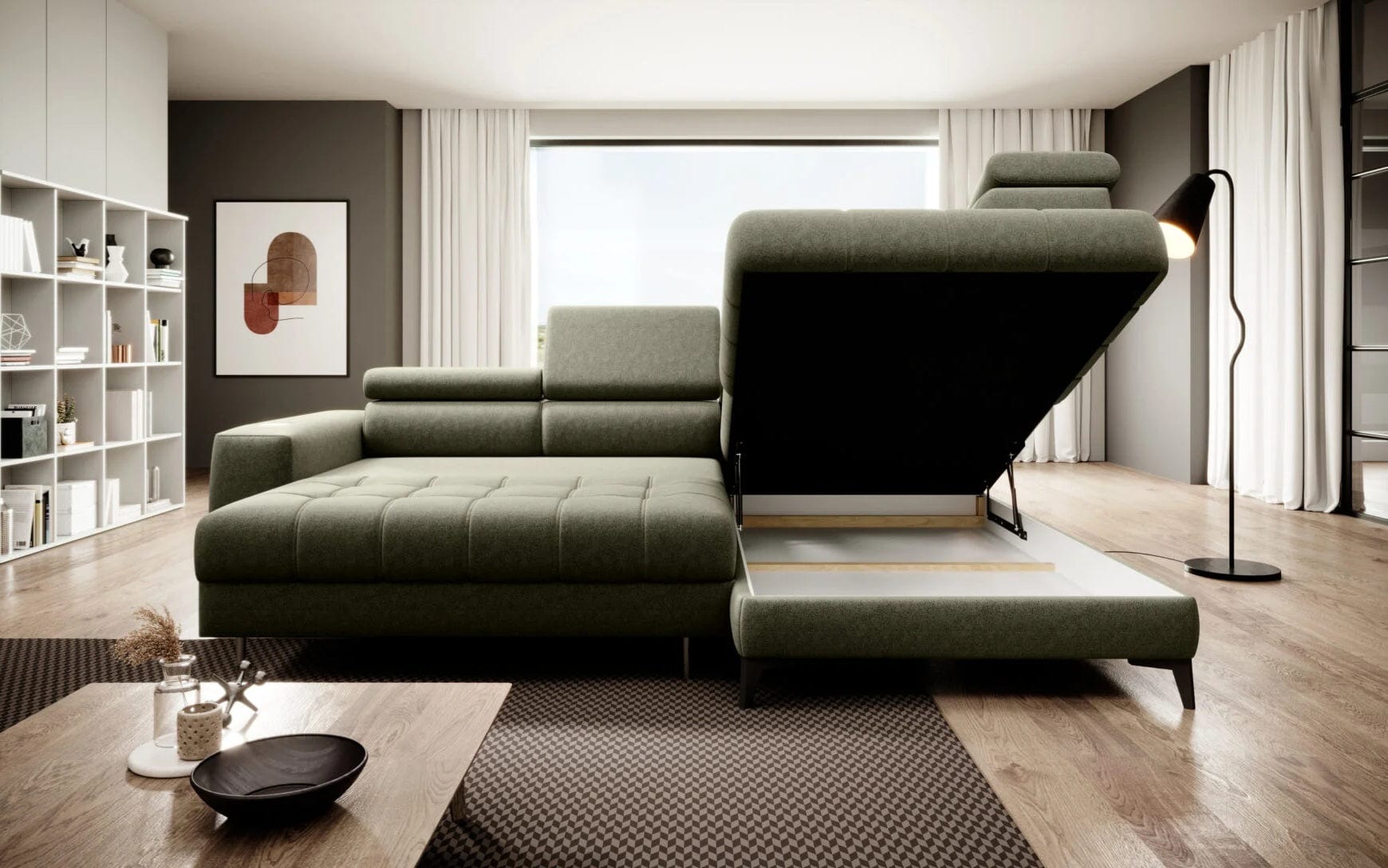 Wersal Coltar Extensibil, Sezlong pe Dreapta, Lada de Depozitare, Tetiere Reglabile, Astolis L, l280xA193xH79-99 cm