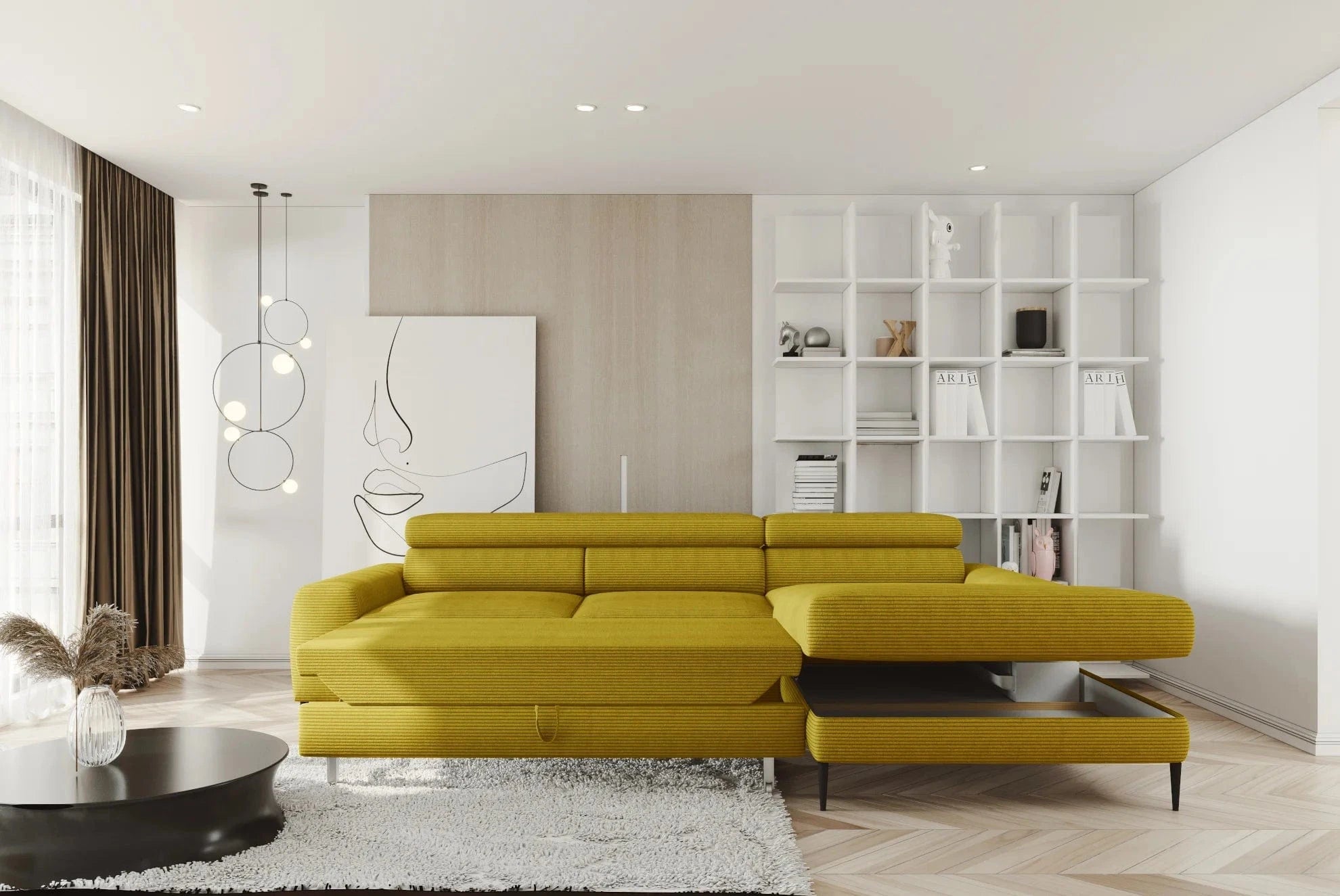 Wersal Coltar Extensibil, Sezlong pe Dreapta, Lada de Depozitare, Tetiere Reglabile, Calcius S, l240xA165xH73-86 cm